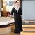 MISS LISA韩版时尚气质高腰V领中长款连衣裙修身大码裙子YWZ8117(黑色 XXL)第2张高清大图