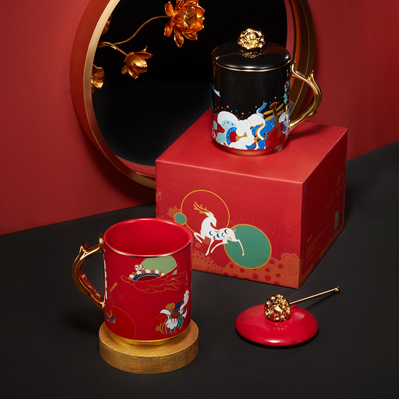 古风ip 传统文化 办公室饮水马克杯 大容量咖啡杯泡茶杯(红色 礼盒装)