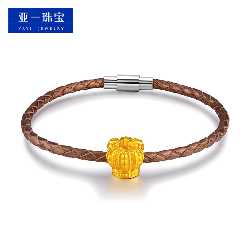 亚一金店3d硬足金黄金吊坠萌物新款皇冠转运珠皮绳手链工费280元约1.2