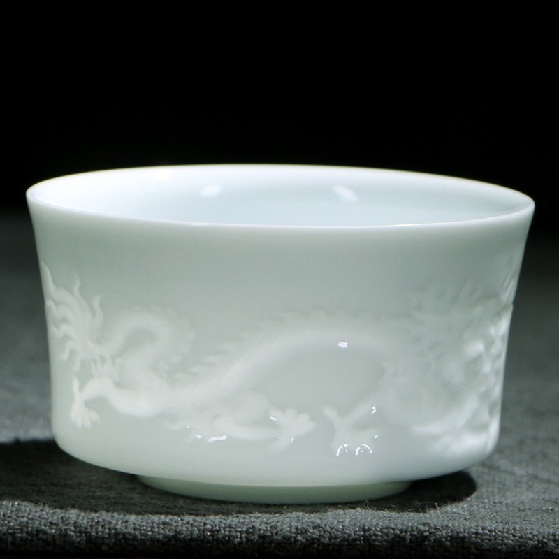 南帝浮雕玉瓷茶杯高白瓷直口大杯子直桶大杯子纯白功夫茶杯红茶杯高白