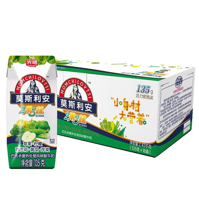 国美自营光明莫斯利安2果3蔬绿果钻石包风味酸牛奶135g18盒