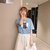 2019夏季新款t恤女韩版宽松卡通猫咪印花短袖纯棉上衣(蓝色 L)第3张高清大图