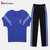 波梵森冰丝短袖长裤运动休闲套装女夏季2021新款时尚条文跑步服宽松套装(雾蓝 XL)第2张高清大图