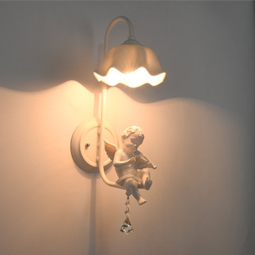 创意个性美式陶瓷玻璃壁灯简约铁艺卧室床头灯过道走廊阳台灯白色树脂天使娃娃(透明水晶灯罩 带5w光源)
